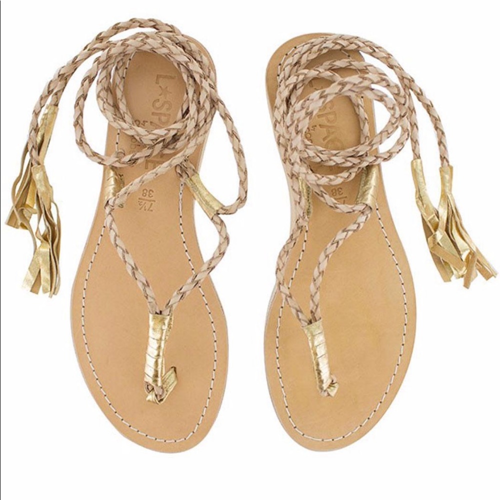 NWT Lspace leather lace up gladiator sandals nude tan and gold 37 (6.5/7)